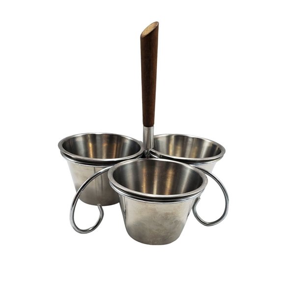 MCM Stainless Steel Vintage Condiment Server Caddy Wood Handle 3 Bowls Dining - Picture 1 of 4